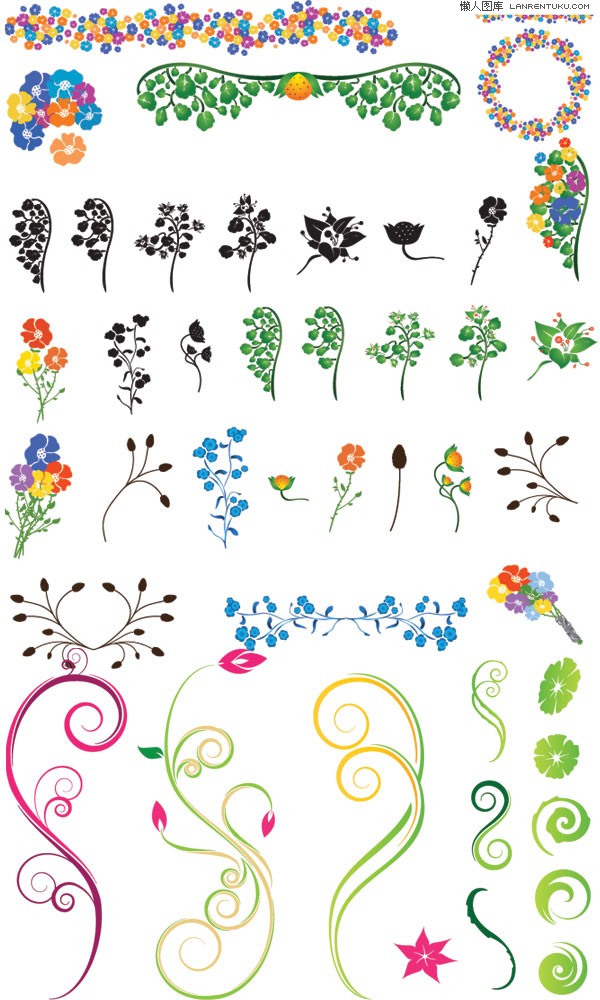彩色与黑白植物元素花边花纹矢量图素材下载免费素材下载